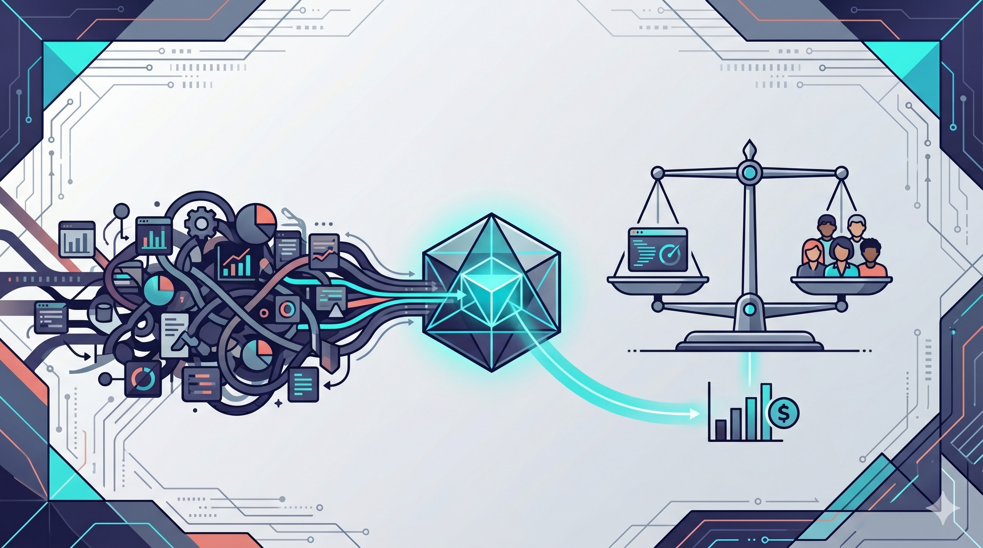 Conceptual illustration of a tangled ML pipeline distilled through a crystal into a scale weighing computed metrics against the people the system serves