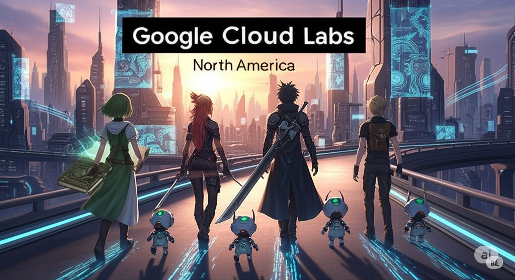 Anime-style banner of a team of agent characters with mascot bots walking into a cyberpunk Google Cloud Labs cityscape