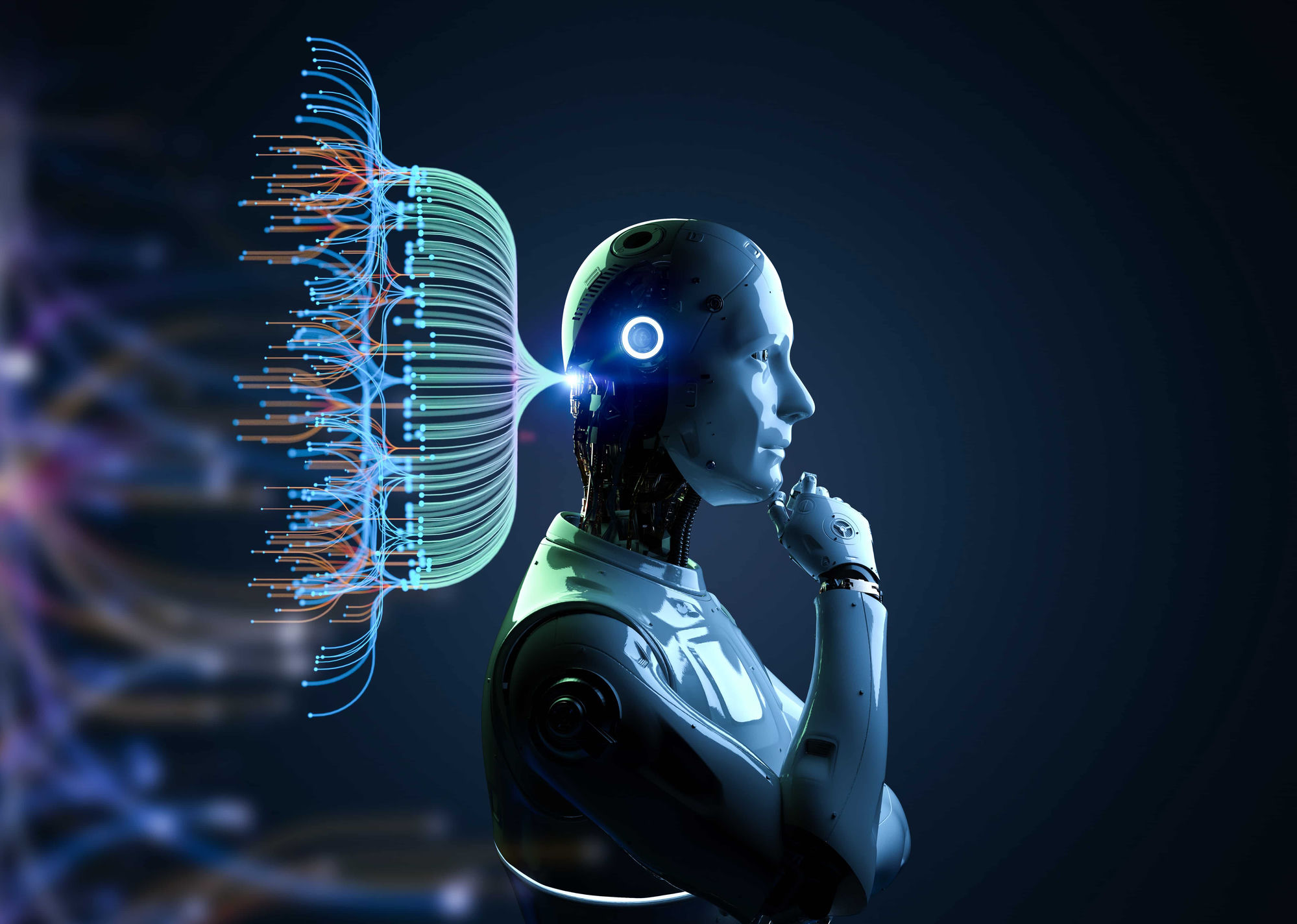 Stylized illustration of a humanoid AI in profile with a neural network branching from its head
