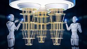 Stylized illustration of two humanoid robots operating a quantum computer cluster