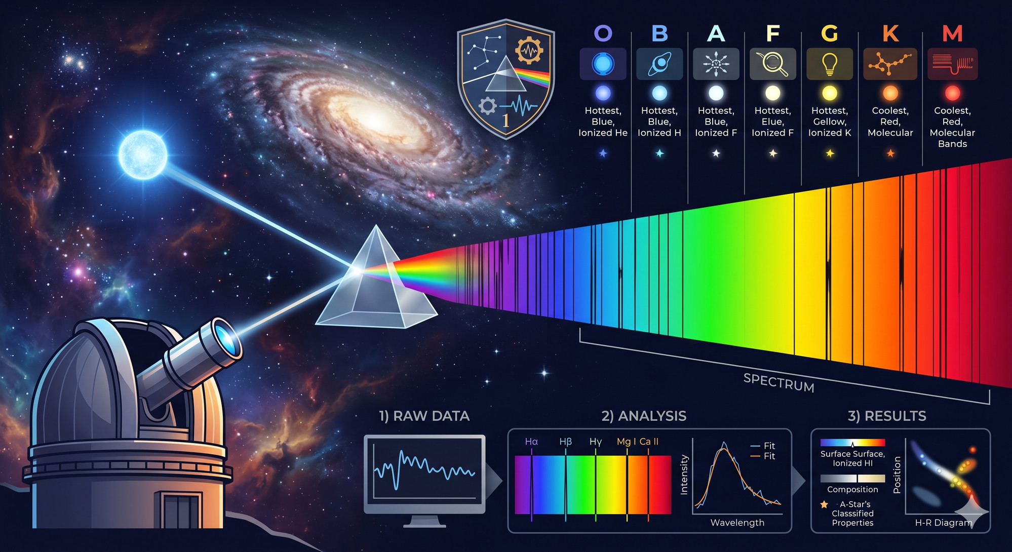 Infographic of the stellar spectral classification pipeline: telescope to prism to OBAFGKM types, with H-alpha, H-beta, Mg I, and Ca II diagnostic lines marked on the spectrum